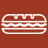Simple white line drawing of a sandwich with a wavy filling and a segmented top bun on a solid brown background.